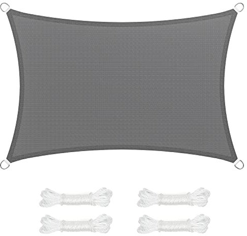 SONGMICS Sonnensegel 2 x 3 m, Sonnenschutz aus HDPE-Gewebe, luftdurchlässig, wasserdurchlässig, für Terrasse, Garten, Balkon, Camping, rechteckig, konkav, 2 m Seile, rauchgrau GSS23GY