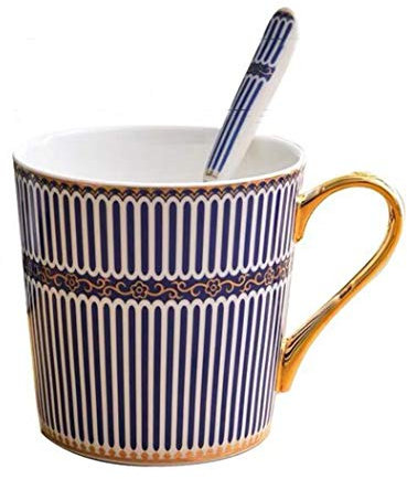 YBK Tech Bone China Porcelain Tea Cup Coffee Mug for Home Kitchen Office - Stripe Patterns (Blue)