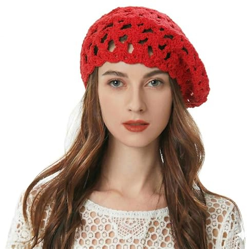 ZLYC Femmes D'été Chapeau de Béret Fait Main Bérets au Crochet(Rouge),Taille Unique
