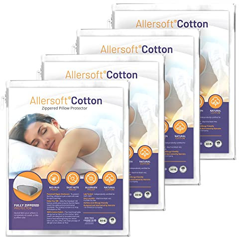 Allersoft 100% Baumwolle| 4 Stücke Reißverschluss Anti Staubmilbe, Bett Bug & Allergen Control Kissenbezug für Allergiker | Oeko-Tex Zertifiziert (4, 40 x 80 cm)