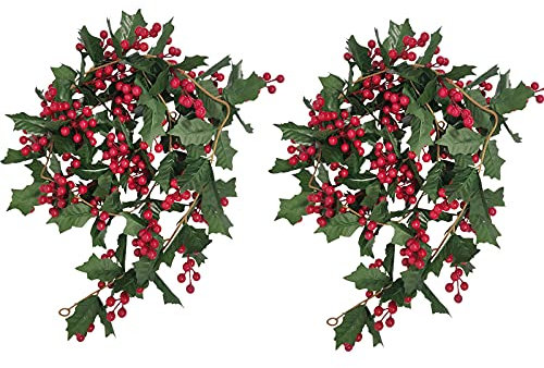 Marooma 2 guirnaldas de Navidad con bayas rojas y hojas de acebo, guirnalda artificial flexible de bayas artificiales para decoración de chimenea de Navidad