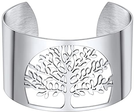 FOCALOOK Offener Armreif Edelstahl Armband Damen 40mm breit Lebensbaum Armband Armspange Oberarmreif Schmuck