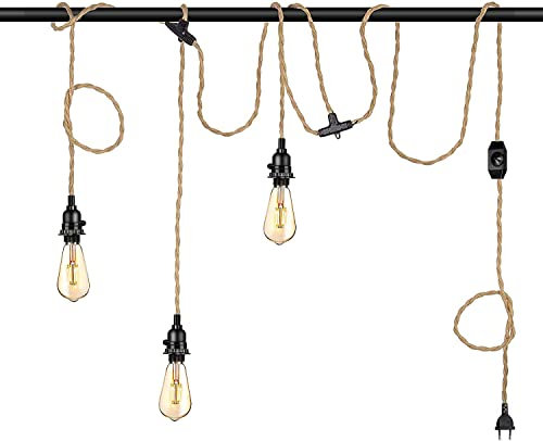 Seil Kabel Pavillon Lampe Lampenaufhängung Pendelleuchte Kit mit 3 E27 Lampenfassungen Schalter EU Stecker - Vintage Textil Lampenkabel Weihnachtsstern Kabel Hängelampe 840cm Hanfseil Deckenleuchte