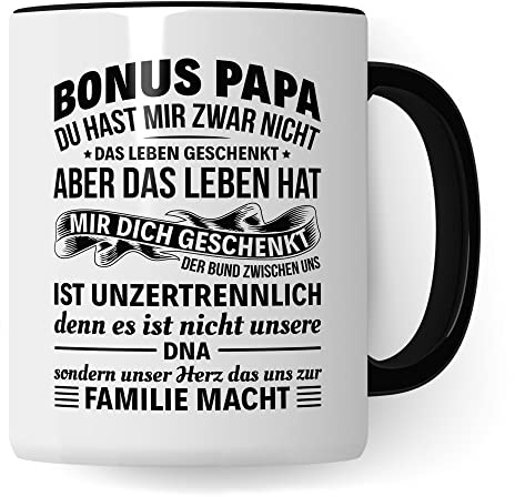 Stiefpapa Tasse Geschenkidee Papa Kaffeetasse Geschenk für Stiefvater Kaffeebecher Bonuspapa Becher (Weiß & Schwarz)