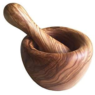 medina mood Mortier massif avec pilon, diamètre au choix, mortier de cuisine, mortier à épices, fait à la main en bois d'olivier (Ø 14 cm)