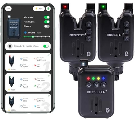 RIPPTON BITEKEEPER PRO Wiederaufladbarer intelligenter Bissanzeiger mit Empfänger, 3 + 1 Set, Bluetooth-App-Verbindung, kabellos, LED-sensibler Alarm, Angelbissanzeiger für Karpfenangeln bei (2+1)
