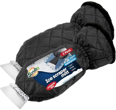 SCRUBIT Ice Scraper with Glove [2 Pack] - Car Windshield Scraper for Ice and Snow w/Fleece Mitt - Quickly Scrape and Remove Snow While Staying Warm - Waterproof - Car Scraper Snow Brush (Black)