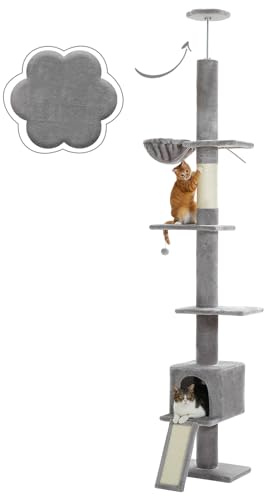 PAWZ Road Floor to Ceiling Cat Tree, Tall Cat Tower with Condo & Ladder | Adjustable Height 216-273cm, 5 Tiers Climbing Tree for Indoor Cats with Cat Condo, Hammock, Scratching Post and Ladder, Grey