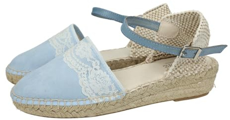 CONDIZ 233 Esparteñas de Piel en Color Celeste para niñas, esparteñas de comunión Hechas en España, con Encajes al Frente NIÑA Zapato COMUNIÓN Celeste 36
