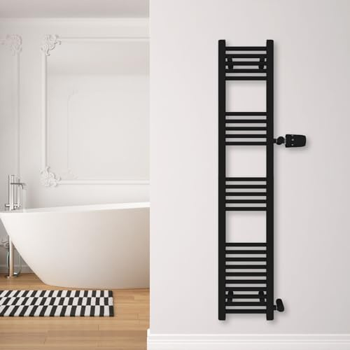 SHV Badheizkörper Andromeda Seitenanschluss schwarz matt | Heizkörper für Badezimmer, Handtuchhalter für Wand im Bad, Handtuchheizkörper, hochwertiger Handtuchtrockner (300x1500 (Anschluss 900) mm)