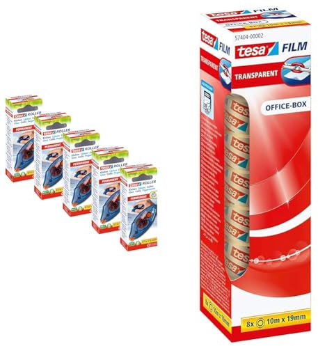 tesa Roller Kleben Permanent ecoLogo Einwegroller im 5er Pack & tesafilm transparent - Transparentes Klebeband mit starker Haftung - alterungsbeständig und reißfest - 10 m x 19 mm - 8er Pack