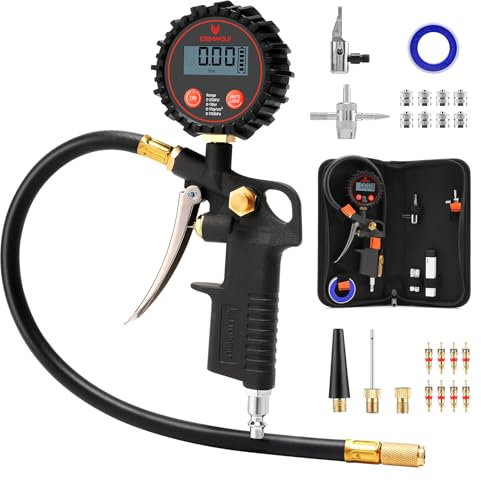 ETENWOLF T500 Digitaler Luftdruckprüfer, 0-17 Bar/250 PSI Reifenfüller Reifendruckprüfer, Kalibriert nach ANSI B40.7 Grade 2A, Luftdüse & Kompressorzubehör mit Aufbewahrungstasche
