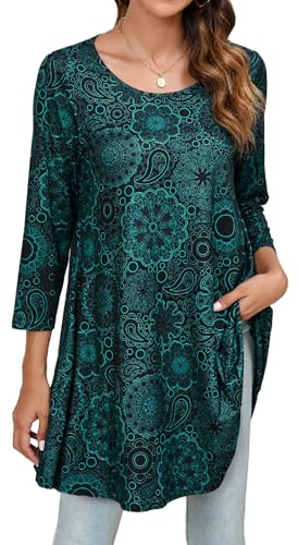 Enmain Tunique Femme Longue Grande Taille à Manches 3/4 Chic et Élégante Chemisier Haut Ample à Motifs Couleur Unie Col Rond T-Shirts Blouses
