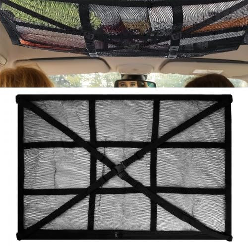 Volumoon Filet de Rangement pour Toit Voiture, Organiseur Noir Plafond Voiture avec Fermeture Éclair et 2 Crochets de Siège Auto