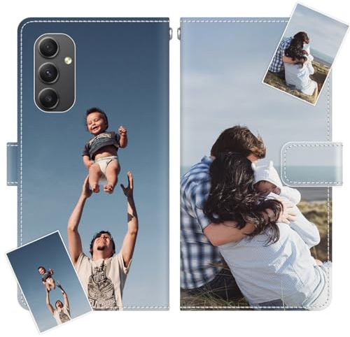 JGOYGYI Personalisierte Leder Handyhülle kompatibel mit Samsung Galaxy A34 5G,Individuelle Eigenem Foto Bild Text Bildern Foldable Flip Klapphüllen Case hülle+Handykette