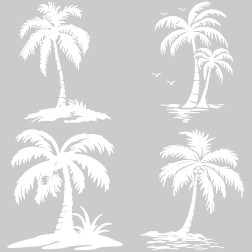 GORGECRAFT 4 Blatt Kokosnussbaum Autoaufkleber Sommer Strand Palmen Reflektierende Stoßstangenaufkleber Vinyl Wasserdicht Autodekoration Für Auto LKW Wandkunst Laptop Weiß 20x20cm
