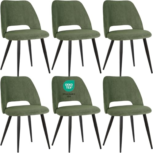JIJIAN Esszimmerstühle 6er Set, Streifencord mit Ausschnittrückenlehne | Stühle Esszimmer, Küchenstühle, Wohnzimmer Essstühle, Gepolsterte Stühle für Esszimmer, Küche, Schlafzimmer, Grün