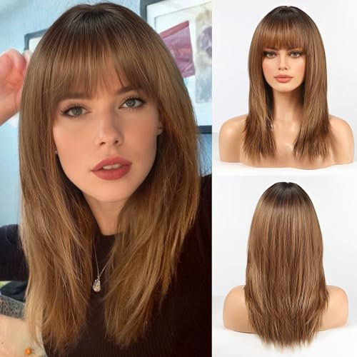 HAIRCUBE Donne Parrucca Parrucche Dritte per le Donne Lunghezza Spalla Ombre Marrone Parrucca Sintetiche con Bangs Cosplay quotidiano