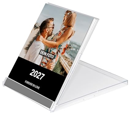 PrintPlanet® CD-Tischkalender 2027 – personalisierter Fotokalender mit eigenen Fotos – Kalender selbst gestalten – mit Aufsteller im CD-Case – mit Widmung & 13 Bildern