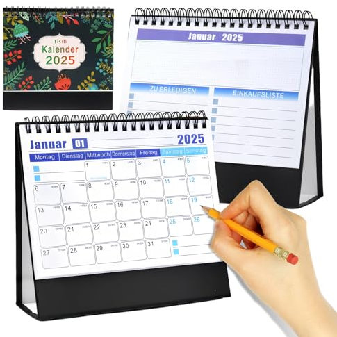 Bordskalender 2025 liggande månadskalender 17,5 x 16 cm kalender 2025 bordskalender, veckokalender 2025 tysk skrivbordskalender och tillbehör för mötesplanering, dagsplanering, perfekt för detaljerad