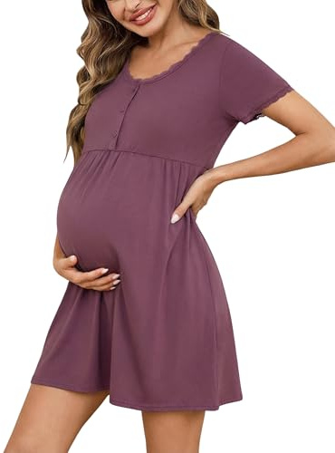Demegimi Stillnachthemd Damen Geburt Baumwolle Geburtskleid V-Ausschnitt Stillen Nachthemd mit Knopfleiste Geburtshemd Spitze Nachtwäsche für Schwangere