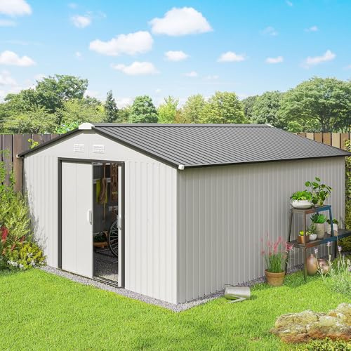 Outsunny Caseta de Jardín Exterior 12,4 m² 340x386x200 cm Blanco | Cobertizo de Jardín Exterior Metálico, Puertas Dobles con Cerradura, Kit Fundación, Ventilación, para Almacenaje Bicicletas