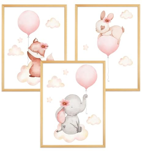 Zamety 3er Set Bilder Kinderzimmer, Babyzimmer Deko Bilder Tier | Kinderzimmer Deko Poster, A4 Bild Babyzimmer Mädchen, Hase Fuchs Elefant Poster, Ohne Bilderrahmen