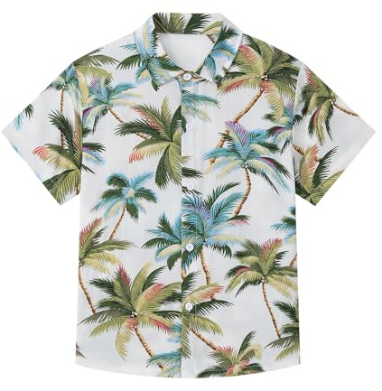 Miyanuby - Camisas hawaianas para niños, de manga corta, con botones, para verano, con estampado tropical floral de palmeras, para playa, trajes de vacación, 9-10 años