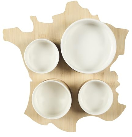 COOK CONCEPT, KA0658, Aperitiftavla i trä över Frankrike med 4 porslinsskålar - Originalpresentidé för gastronomer - Storlek: 28 cm - Färg: Beige, Grön, Vit, Svart