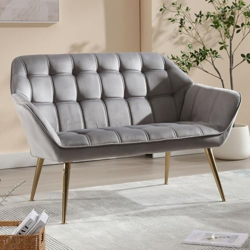 Ya-Home 2 Seater Sofa Loveseat Couch with Metal Legs, Gray | Modern Style, Velvet Fabric, Comfortable Padded Seat, for Living Room/Bedroom