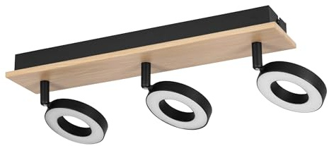 EGLO LED Deckenlampe Rielves, Deckenleuchte mit 3 Spots | Spotbalken schwenkbar, Deckenstrahler aus Holz in Braun und Metall in Schwarz, FSC-zertifiziert, warmweiß, L 40 cm
