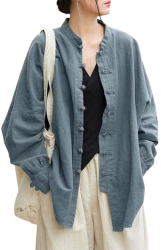Aeneontrue Women's Linen Oversized Blouses Vintage Long Sleeve Jackets Loose fit Chinese Frog Shirts Blue Medium