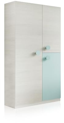 duehome | Armario Juvenil, Modelo Yuki, Acabado en Color Blanco Alpes y Verde Acqua, Medidas: 90 cm (Largo) x 200 cm (Alto) x 52 cm (Fondo)