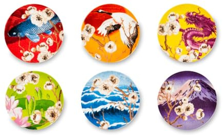 Excelsa Fuji Set 6 Piattini Decorativi in Porcellana, Design Orientale con Motivi Giapponesi