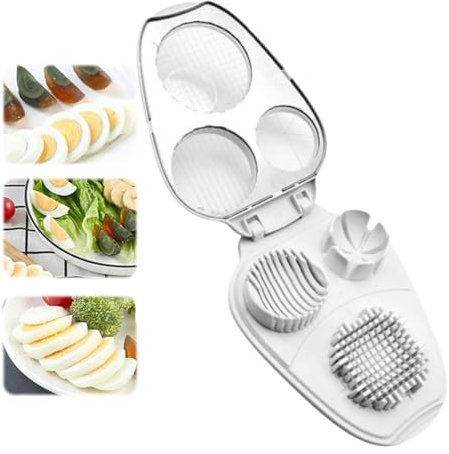 Cortador de huevos 3 en 1, cortador de huevos de acero inoxidable para huevos hervidos y frutas y verduras picar uniformemente, cortador de huevos multifuncional con tapa, rebanar jamón de tomate