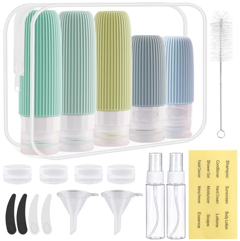 Zosenyer 20 Pack Botes Viaje Rellenables, Travel Bottles Silicona con Accesorios de Viaje, Neceser Kit Viaje Avión para Gel y Champu, Cosméticos, Lociones y Líquido, a Prueba de Fugas (Verde)