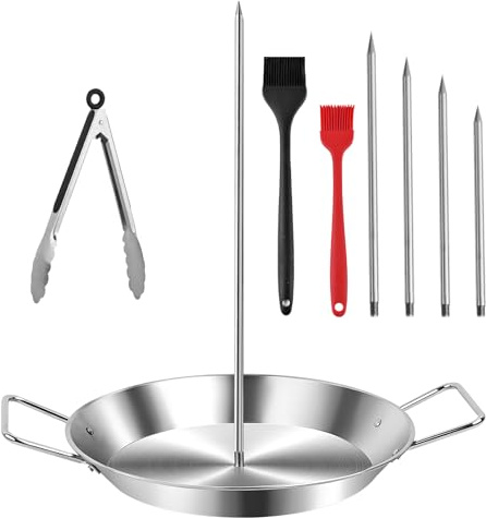 Stainless Steel Shawarma Pan for Oven & Grill - Vertical Skewer with Gyro Plate & 5 Spikes (6-14) in Middle - Al Pastor Rotisserie for Tacos, Chicken, Pork - Gyro Cooking Pan, Roasting Skewer Stand.