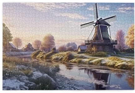 1000 Piece Jigsaw Puzzle for Adults Challenging Puzzles for Game Nights raditional Windmill Landscape Wooden Puzzle Personalized Custom Wood Puzzles for Family Picturepuzzle Finished Size 29.5x19.7