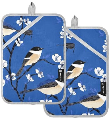 Presine eleganti nere con cappuccio a forma di uccellini blu reale per cucina, resistenti al calore, con tasche, confezione da 2