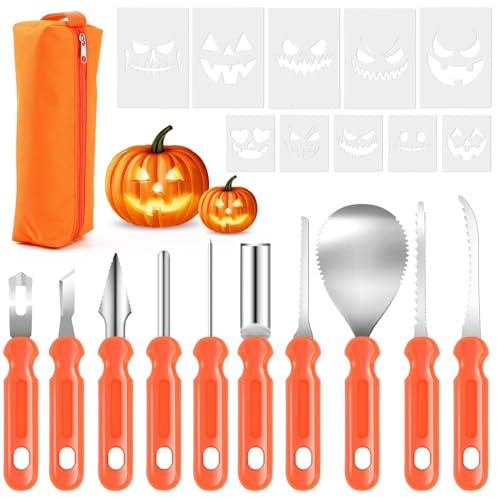 AUGSUN Kit de Sculpture de citrouilles d'halloween 21 pièces, kit de Sculpture Professionnel 10 pièces avec Sac de Rangement et 10 pochoirs de Sculpture, sans Danger pour Les Adultes