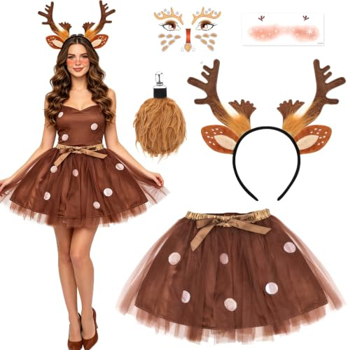 Beipegin 5 Piece Rentier Kostüm Damen,Rentier Haarreif Rentier Schwänze und Tüllrock Temporäre Tattoos Weihnachtskostüm Reh Kostüm Tierkostüm Erwachsene für Halloween Weihnachten Cosplay