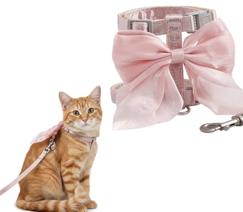 Arnés para Gato Antiescape Ajustable con Correa, Cat Harness para Gat Os con Lazo Decorativo Grande, Pettorina Chaleco Suave Cómodo de Gatos para Caminar y Entrenar al Aire Libre (Rosa, S)