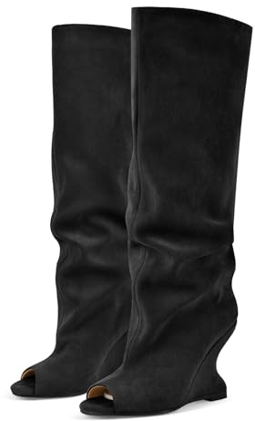 Rhineshell Women's Slouchy High Heels Pull On Wedge Knee High Boots Peep Round Toe Heeled Sandal Boot Faux Suede Solid Color Party Prom Shoes Black Size 8