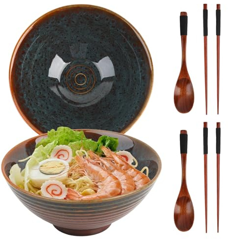 GEEKHOM Ramen Schüssel Set 2x 1200ml Japanische Ramen Bowl aus Keramik mit Essstäbchen und Löffel aus Holz - Groß, Mikrowelle & Spülmaschinenfest für Nudeln, Suppe, Pho, Salat