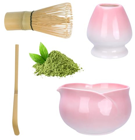 Matcha Set, Matcha-Set Rosa, Blütenblattform Matcha-Schüssel mit Ausgießer, Matcha-Rührer und Ständer, Matcha-Löffel, 4-teiliges Matcha Tee Set Pink für Matcha-Liebhaber