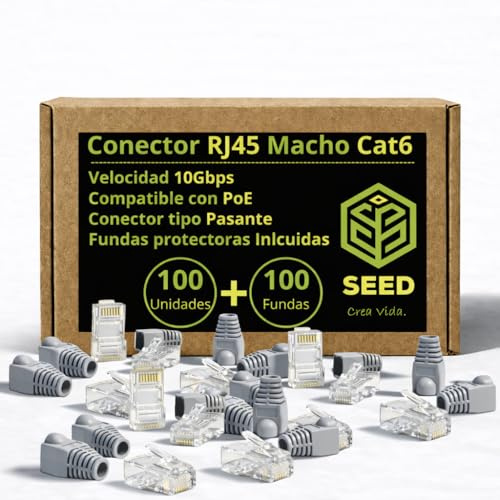 SEED Conector RJ45 Macho Cat 6 en caja de cartón para mejor almacenamiento – Terminación Cable Ethernet - Redes LAN – Conexión Estable - Instalaciones Profesionales y Domésticas (100 Ud + Fundas)