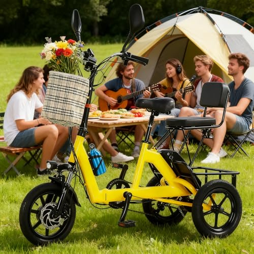 Kompaktes Faltbares Elektro-Dreirad für Erwachsene, Elektrofahrräder, Elektromobil, Bürstenloser Motor, 48V 10.4Ah, 11–20 km/h, 14 Reifen, Maximale Belastung: 180 kg, Für Stadt&Einkäufe Yellow