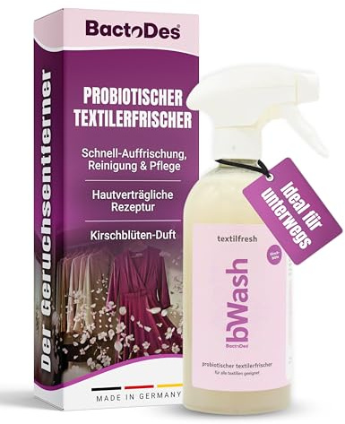 BactoDes bWash Textilerfrischer Kirschblüte Ready 500ml I Gebrauchsfertiger probiotischer Frische-Spray I Tiefenwirksamer Geruchsentferner für Kleidung & Textilien I Ideal für unterwegs