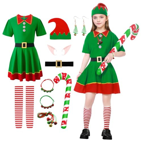 Antsparty Weihnachtselfenkostüm für Kinder, Mädchen Weihnachten Elfenkostüm mit Elfenhut Elfenohren Schuhe Weihnachtliche Krücken, Weihnachts Outfits Elfen Kostüm Mädchen