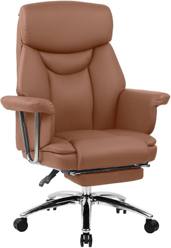CLP Bürostuhl ergonomisch mit Fußablage Dahra, Schreibtischstuhl gepolstert Echtleder, Drehstuhl höhenverstellbar bis 135 kg belastbar Farbe braun